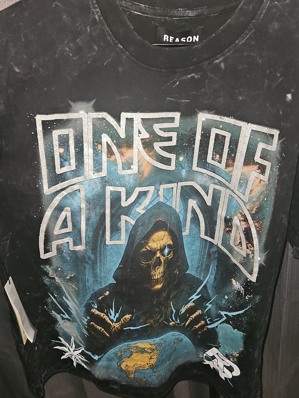 Reason Black Tee with Blue & Gold Skull Graphic
